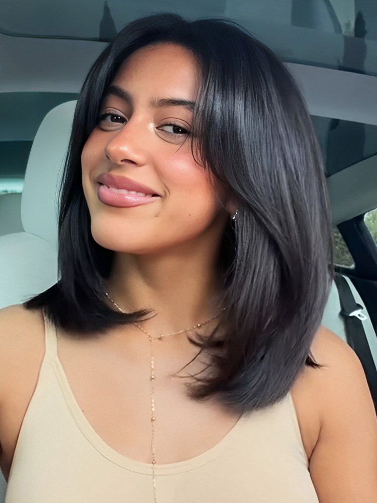 0-glueless_short_human_hair_wigs Layered Cut Italian Bob Wig 7x5 Glueless Straight Short Bob Ready To Wear Human Hair - Image 1