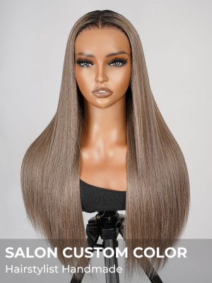 Ash Brown Ombre Silky Straight Hair Pre-Plucked Frontal Wig Ready To Go