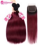 Burgundy Ombre Hair Dark Roots 1B/99J Straight Human Hair Bundles And Closure