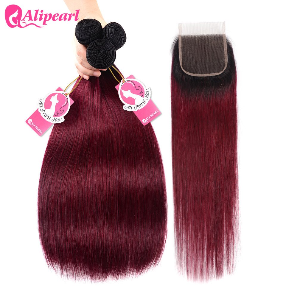 02_28_2 Burgundy Ombre Hair Dark Roots 1B/99J Straight Human Hair Bundles And Closure - Image 1