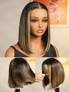 Foil Highlight Blunt Cut Bob Wig Custom Colored Wigs With Dark Roots - Image 7