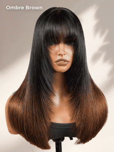 Glueless Blunt Cut Ombre Brown Bob Wig with Fringe Bangs