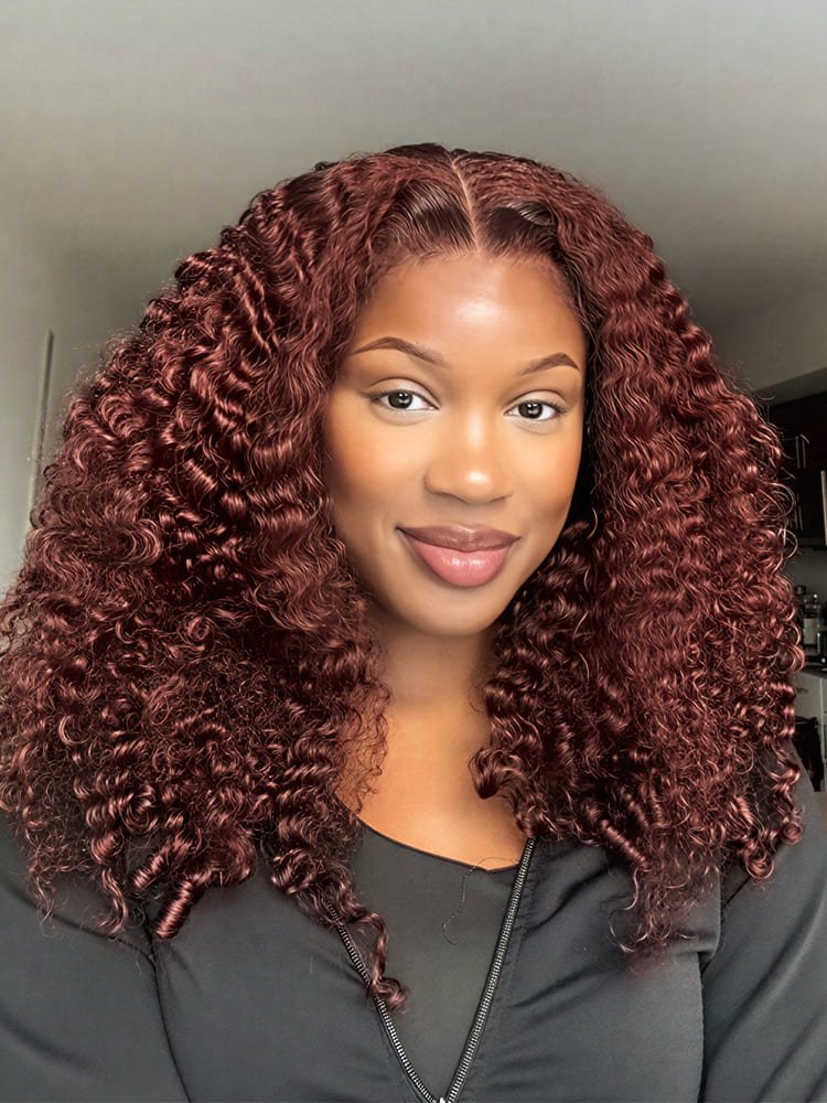 10_11_6 Reddish Brown Burmese Curly 250% Density Ready To Go 5x7 Lace Wig - Image 1