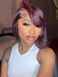 Glueless Dark 99J Color Layered Cut With Side Bang Frontal Bob Wig - Image 2