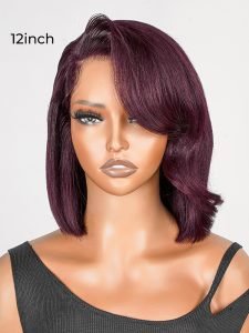 Glueless Dark 99J Color Layered Cut With Side Bang Frontal Bob Wig - Image 4