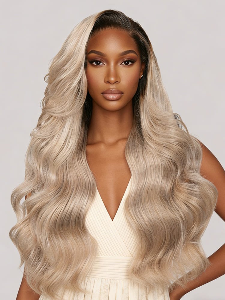 1_105 Side Part Body Wave Wig Ash Blonde Ombre Hair Color 13x6 HD Lace Wigs - Image 1