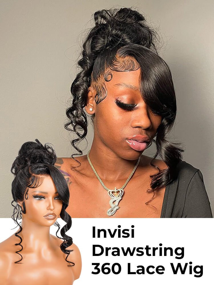 1_14 Glueless Invisi Drawstring 360 Lace Wig Miss Buns With Side Part Bangs Style - Image 1