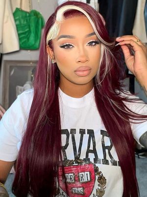 Burgundy With Blonde Highlights Lace Front Wig Skunk Stripe Hair Wigs
