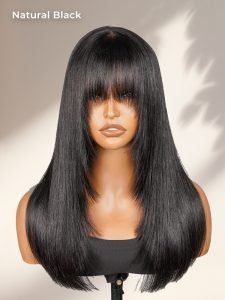 Glueless Blunt Cut Ombre Brown Bob Wig with Fringe Bangs - Image 8