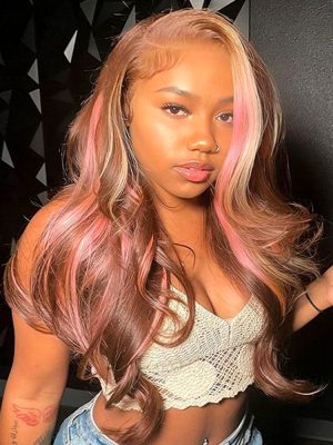 Pink Highlights In Brown Hair Body Wave Lace Wig With Blonde And Pink Highlights
