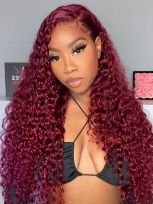 99J Deep Wave Lace Frontal Wigs Afordable 5x5 Lace Human Hair Burgundy Wigs