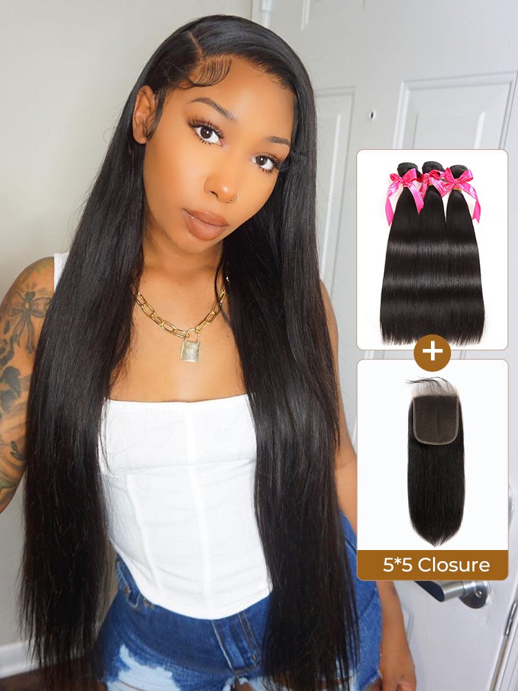 1_18_2 HD Lace Closure 5x5 With Bundles Straight Weave Virgin Human Hair Bundle Deals - Image 1