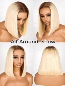 #4/613 Blonde Bob Wigs with Dark Brown Roots Ombre Lace Closure Bob Wigs - Image 5