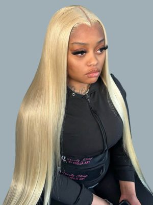 High-Gloss Blonde Straight M Hairline 6x8 Lace Front Wigs 250 Density