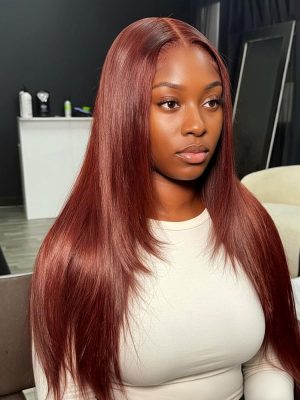 Straight Layered Cut Glueless Reddish Brown 5*7 Lace Wig Ready To Go