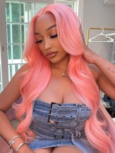 Pink Color Wig Light Pink Body Wave Transparent Lace Wigs With Natural Hairline - Image 2