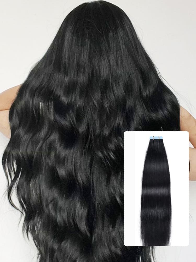 1_25_5 Natural Black #1B Tape-In Hair Extensions PU Human Hair For Full Head - Image 1