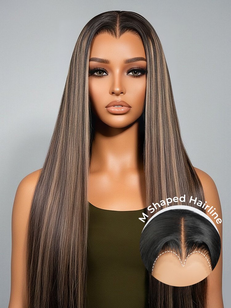 1_2_1_5 M Shaped Hairline Straight HD Lace Wig With Highlights 250 Density - Image 1