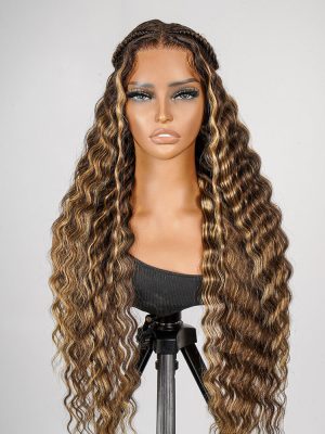 Glueless #P4/27 Color Highlight Wig Styled Crimped Wavy Front Wig