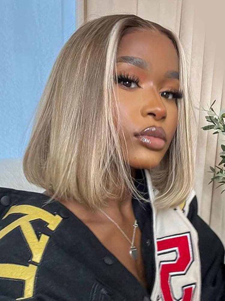 1_32_3 Light Mushroom Brown Hair With Blonde Highlights Straight Bob Lace Wigs For Sale - Image 1