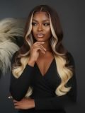 Caramel Macchiato Pre-Styled Layered 250 Density Wig With Skunk Stripe - Image 2