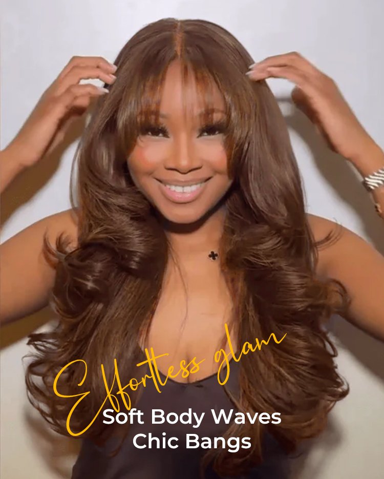 ready to go brown body wave glueless wig with bangs
