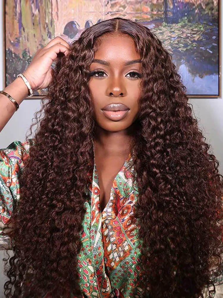 1_62 Deep Wave Curly Hair #4 Dark Brown Wig Super Thin Transparent Lace Front Wig - Image 1