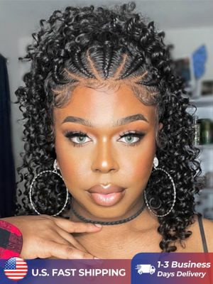 16Inch Braided Wigs Braided Deep Wave Short Bob Human Hair Lace Frontal Wigs