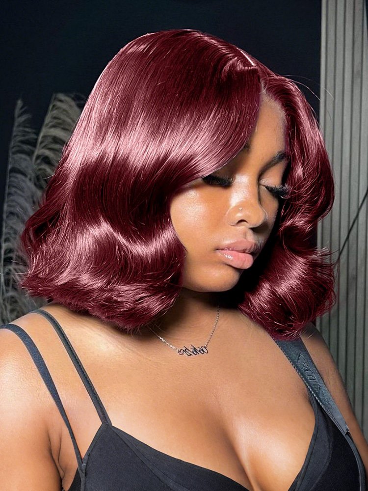 1_83_3 99J Burgundy Short Wavy Bob 2x6 Lace Closure Wig Easy To Wear - Image 1