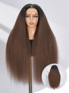 Long Brown Ombre Kinky Straight HD Lace Frontal Wig 250 Density Wig - Image 2