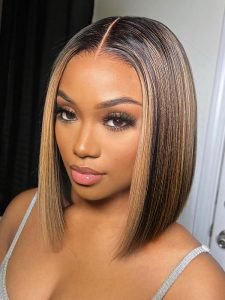 Foil Highlight Blunt Cut Bob Wig Custom Colored Wigs With Dark Roots - Image 5