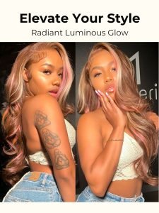 Pink Highlights In Brown Hair Body Wave Lace Wig With Blonde And Pink Highlights - Image 2