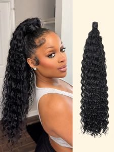 Clip-In Loose Deep Wave Ponytail Extension 100% Human Hair Natural Black