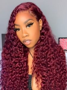 99J Deep Wave Lace Frontal Wigs Afordable 5x5 Lace Human Hair Burgundy Wigs - Image 2