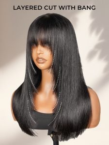 Glueless Blunt Cut Ombre Brown Bob Wig with Fringe Bangs - Image 9