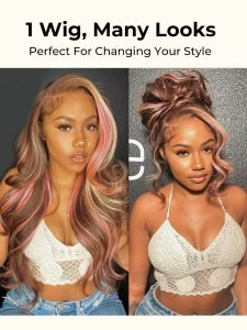 Pink Highlights In Brown Hair Body Wave Lace Wig With Blonde And Pink Highlights - Image 6