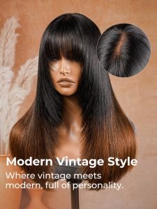 Glueless Blunt Cut Ombre Brown Bob Wig with Fringe Bangs - Image 3
