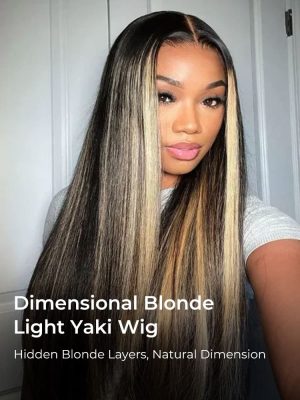 Light Yaki Straight Glueless Lace Wig With Hidden Blonde Highlights