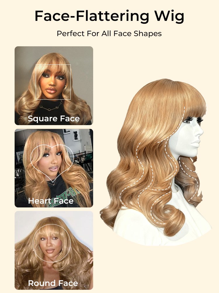 Glueless Curtain Bang Curly Blonde Wig