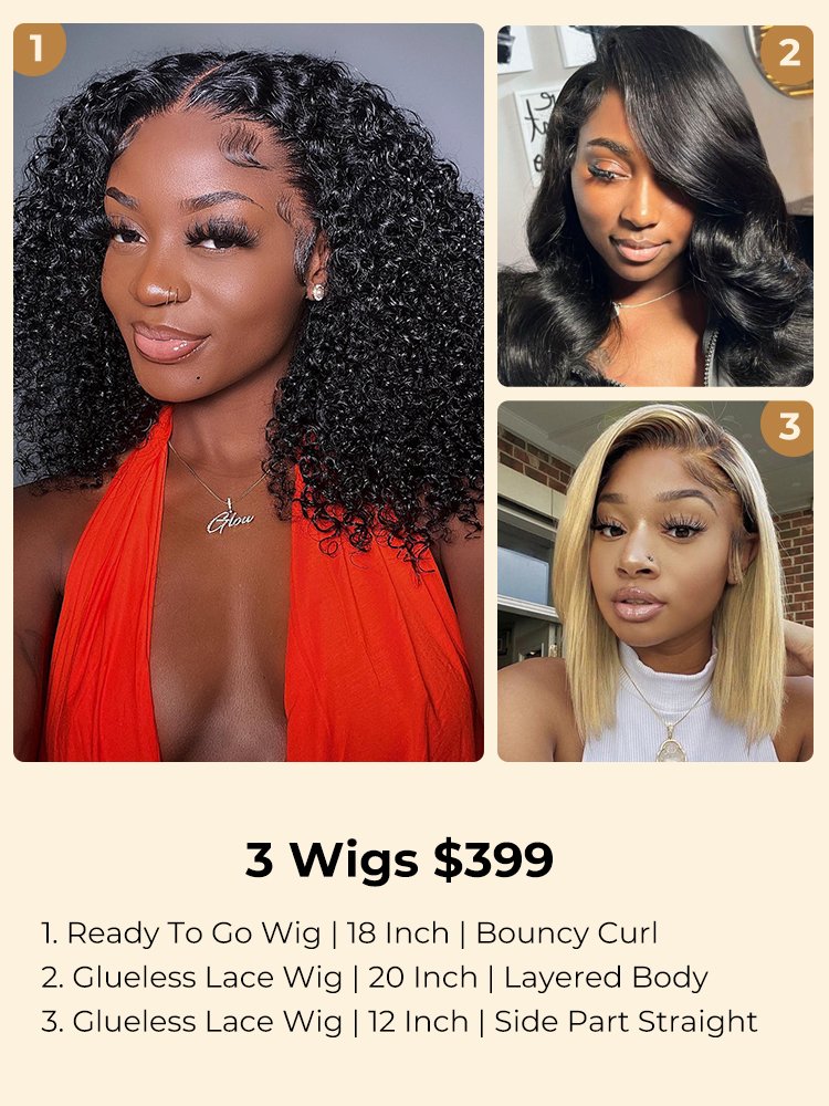 399-2 $399 for 3 Wigs: 20'' Layered and 18'' Glueless and 12'' Bob Wig - Image 1