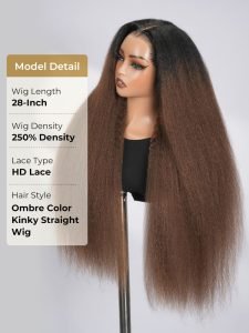 Long Brown Ombre Kinky Straight HD Lace Frontal Wig 250 Density Wig - Image 3