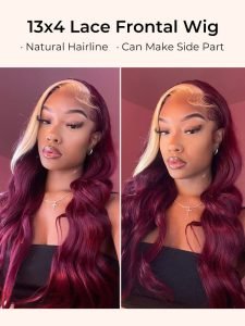 Burgundy With Blonde Highlights Lace Front Wig Skunk Stripe Hair Wigs - Image 7