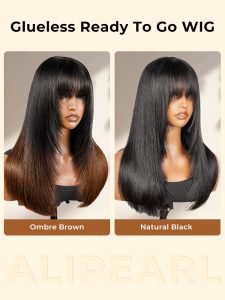 Glueless Blunt Cut Ombre Brown Bob Wig with Fringe Bangs - Image 10