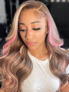Pink Highlights In Brown Hair Body Wave Lace Wig With Blonde And Pink Highlights - Image 3
