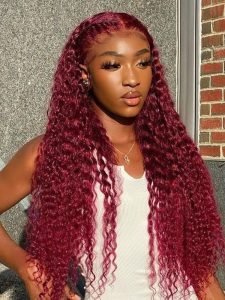 99J Deep Wave Lace Frontal Wigs Afordable 5x5 Lace Human Hair Burgundy Wigs - Image 3
