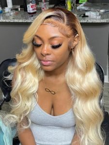 Ready To Go Ombre Wig Blonde Color With Brown Roots And Stripe Pre-Plucked Lace Frontal Wigs - Image 4