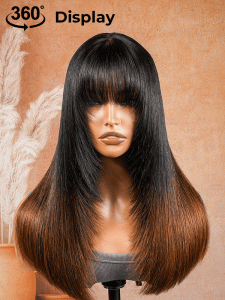 Glueless Blunt Cut Ombre Brown Bob Wig with Fringe Bangs - Image 14