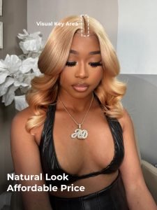 Honey Blonde Short Body Wave Bob 2*6 Lace Front Wig 250 Density - Image 3