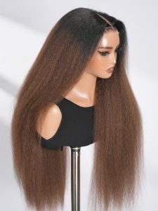 Long Brown Ombre Kinky Straight HD Lace Frontal Wig 250 Density Wig - Image 4