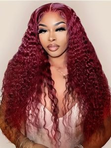 99J Deep Wave Lace Frontal Wigs Afordable 5x5 Lace Human Hair Burgundy Wigs - Image 4